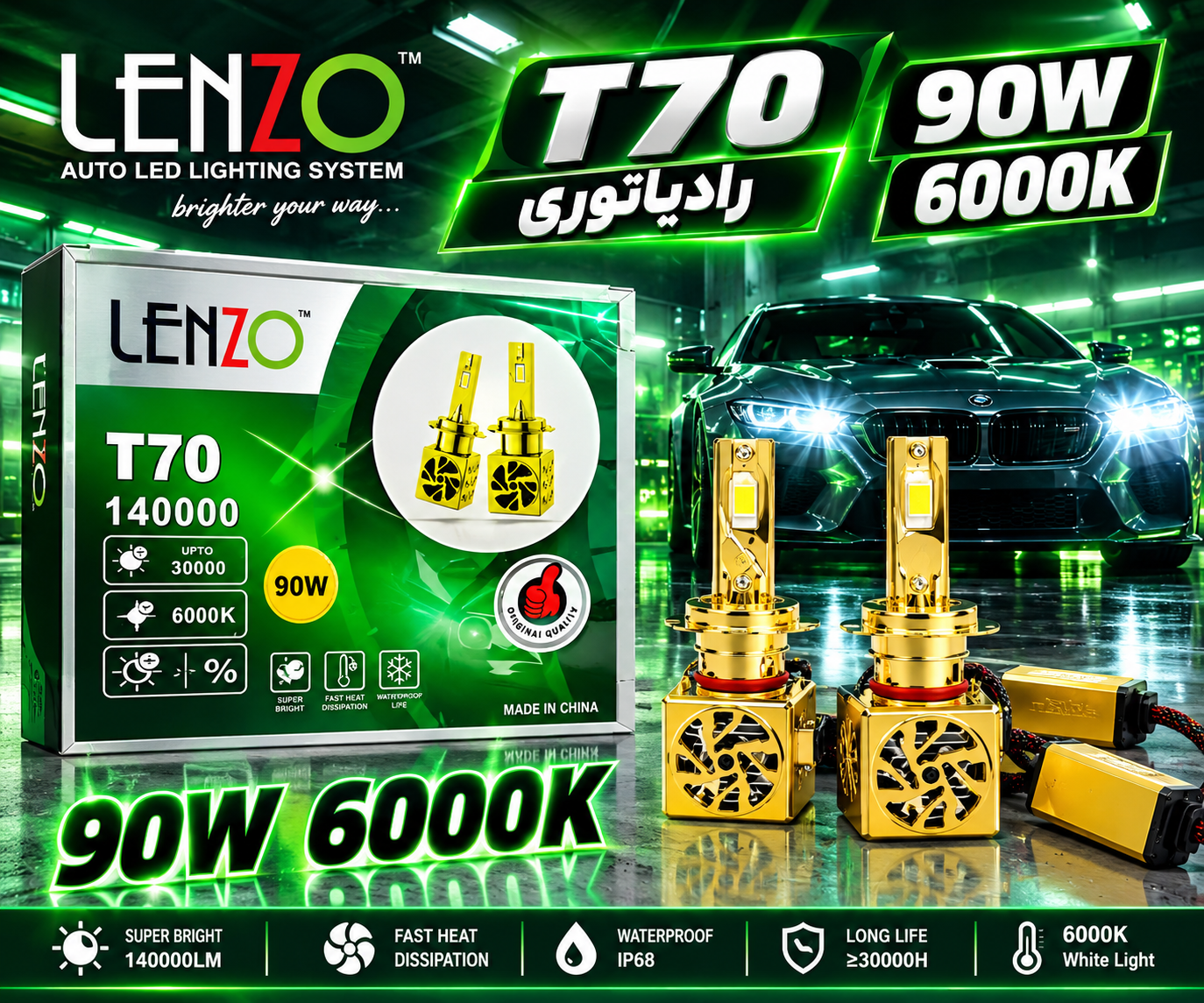 هدلایت اورجینال رادیاتوری T70 لنزو Lenzo پایه H4 با گارانتی